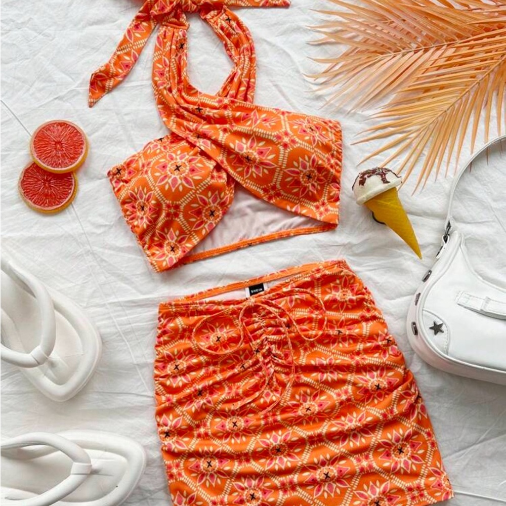 Vibrant Orange Floral Two-Piece Set